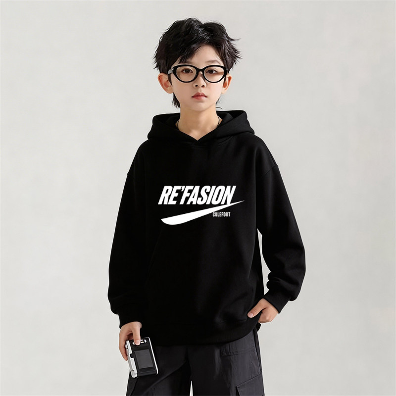 男童连帽卫衣黑色字母帅气印花少年爆款学生版2026新款4-14岁开学