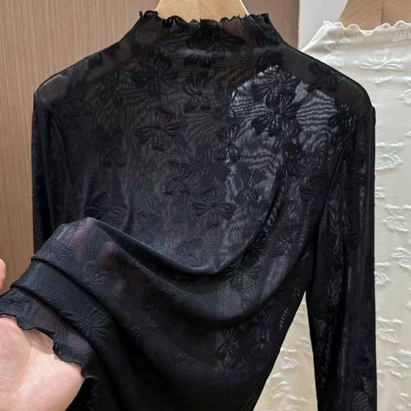 秋冬内搭性感薄款纱衣高领高级感木耳边蕾丝打底衫女黑色网纱上衣