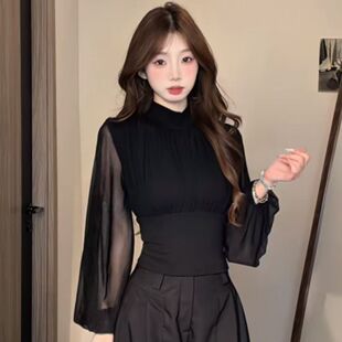 春秋半高领雪纺短款上衣女 收腰捏褶灯笼袖网纱拼接气质显瘦小衫