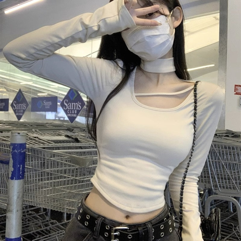 秋冬娄空设计感小心机不规则磨毛纯欲风长袖女右边打底衫T恤上衣