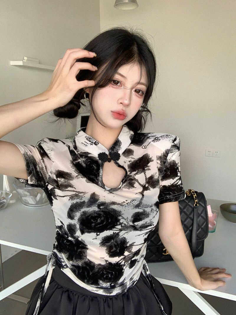 新中式轻国风改良上衣禅意风女装复古辣妹抽绳收腰短装T恤女夏季