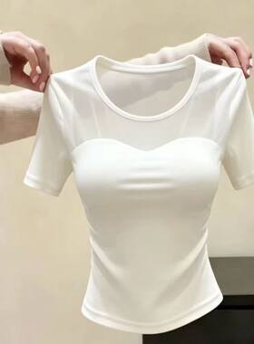 白色网纱拼接U领T恤女