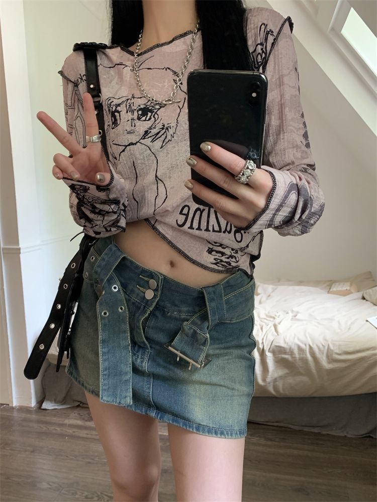 辣妹修身长袖T恤女夏季薄款小个子涂鸦印花百搭防晒罩衫上衣外搭