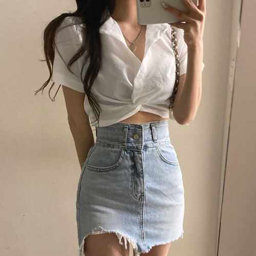 上衣韩国露脐短款扭结衬衫chic