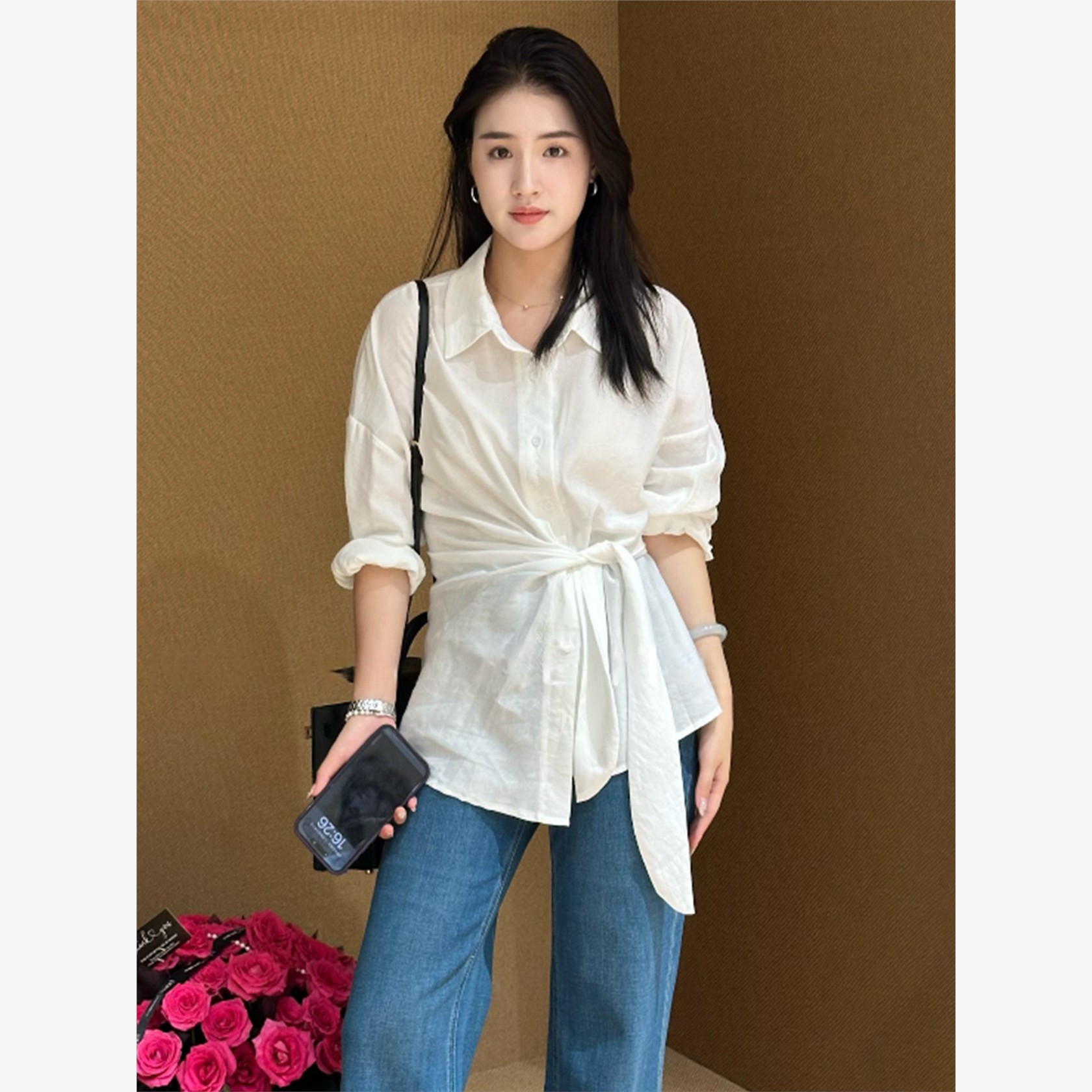 早秋法式小资长袖衬衫女装2025新款爆款春秋季设计感绑带收腰上衣