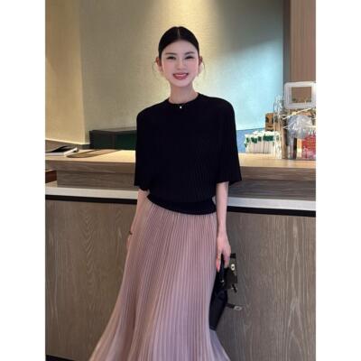 法式蝙蝠袖白色冰丝短袖针织衫通勤简约风半裙套装