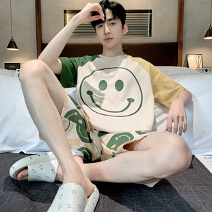 卡通短袖 薄款 短裤 青少年款 睡衣男士 笑脸休闲可外穿家居服套装 夏季