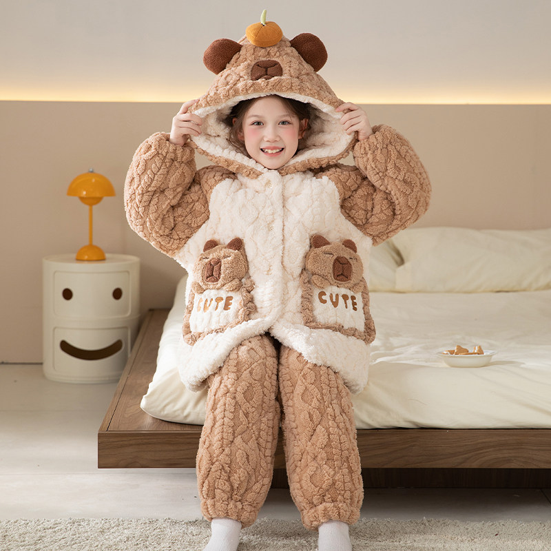 女童三层夹棉加绒加厚儿童睡衣冬款秋冬季珊瑚绒女孩中长款家居服
