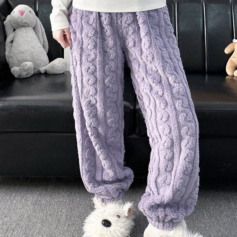 珊瑚绒睡裤女长裤秋冬季法兰绒情侣简约暖暖裤加肥加大码家居裤子
