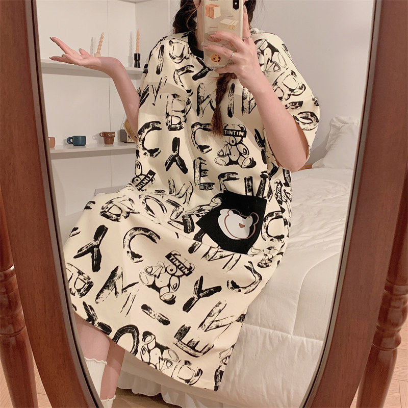 睡裙夏季女士薄款2025新款短袖卡通甜美睡衣宽松加大中长款家居服