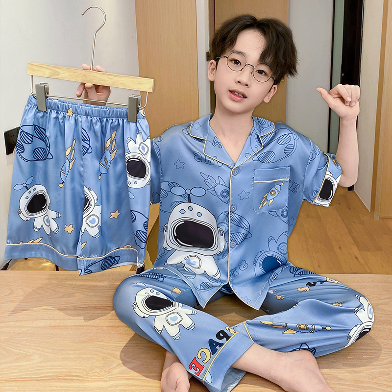 男童睡衣夏季冰丝薄款短袖2025新款儿童男孩大童青少年空调家居服