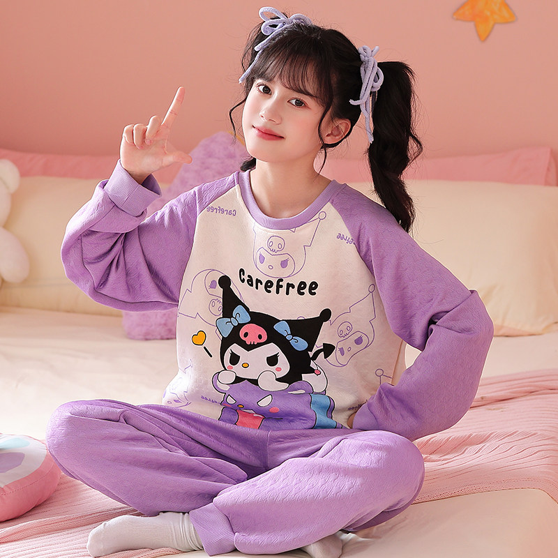 女童睡衣儿童长袖秋冬季套装空气棉夹层保暖加厚女孩库洛米家居服