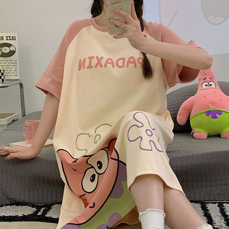 夏季睡裙女士短袖薄款中长款卡通甜美网红风睡衣宽松加大码家居服