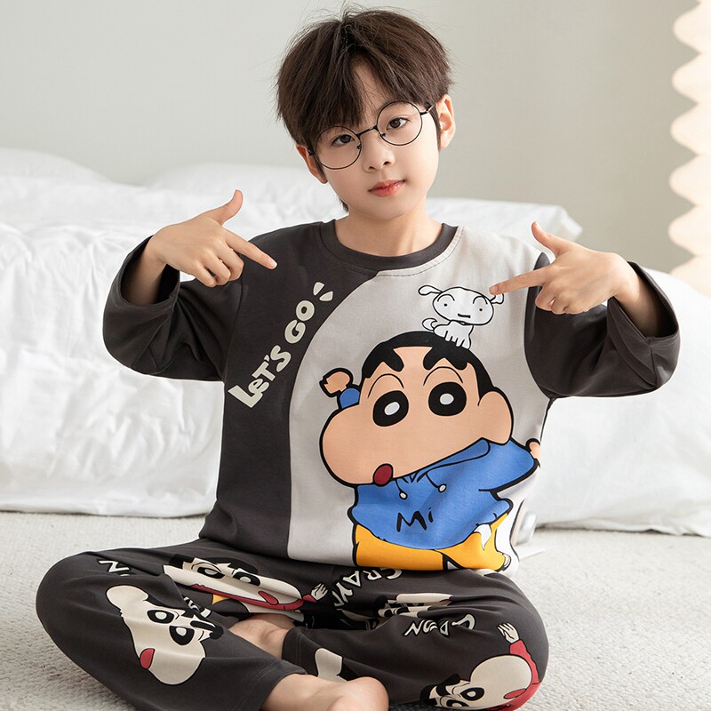男童睡衣长袖薄款春秋季中大童卡通蜡笔小新儿童宝宝青少年家居服