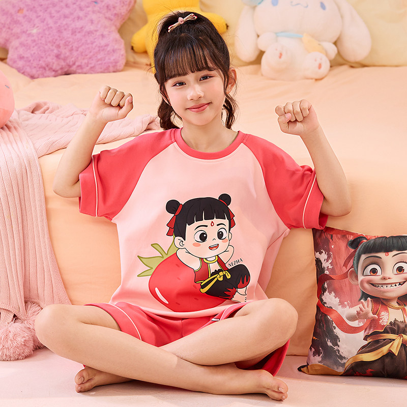 儿童睡衣女童夏季短袖薄款卡通可爱哪吒女孩中大童空调家居服套装