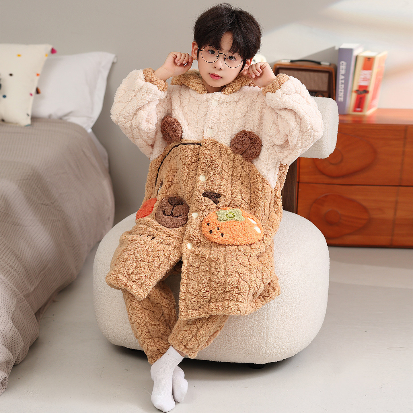 儿童珊瑚绒睡袍男孩中大童浴袍秋冬季加厚绒保暖法兰绒睡衣家居服