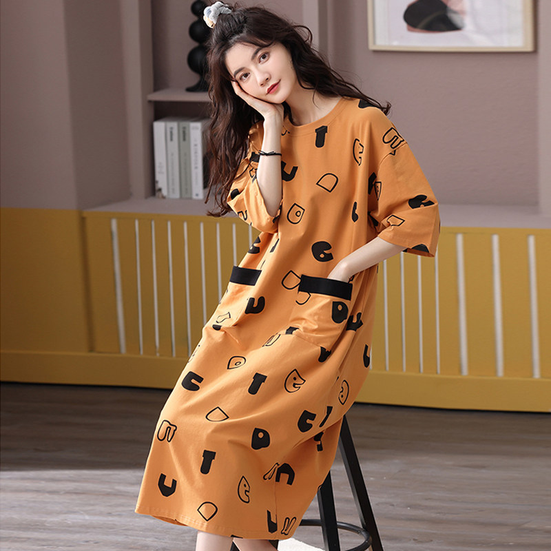 睡裙女士薄款短袖夏季中长款韩版休闲洋气睡衣宽松加大加肥家居服