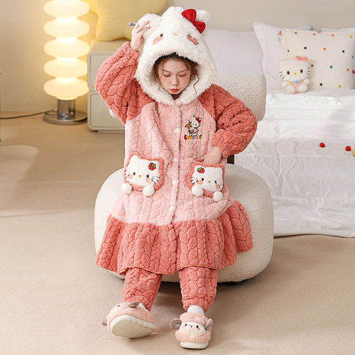 儿童珊瑚绒睡衣秋冬季加绒加厚女孩家居服睡袍中大童女童长款套装