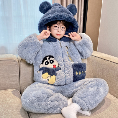 儿童睡衣冬季加绒加厚冬款三层夹棉男童卡通珊瑚绒青少年男孩套装