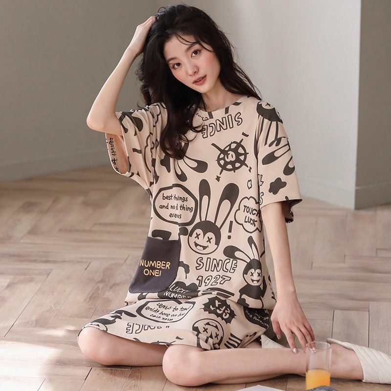夏季睡裙女士薄款短袖中长款韩版205新款睡衣宽松加大加肥家居服