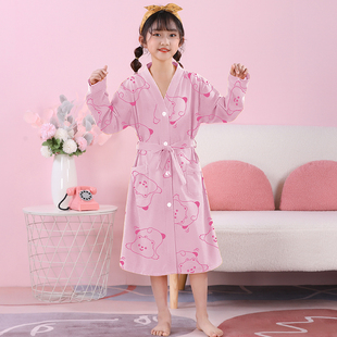 儿童浴袍女童春秋薄款长袖睡衣中大童睡袍可爱女孩宝宝家居服夏款