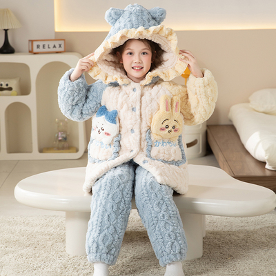 女童睡衣冬季加绒加厚三层夹棉套装儿童女孩大童冬款珊瑚绒家居服
