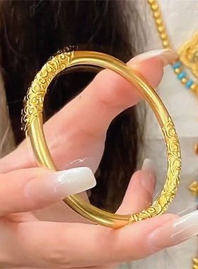 哪吒乾坤圈传承古法素圈紫荆花草纹卷草纹实心手镯宫廷