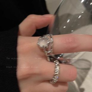两件套月光石戒指女镶水钻开口戒小众设计素圈食指戒法式自律指环