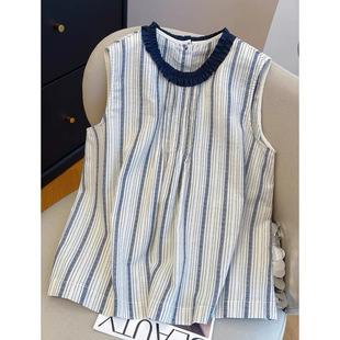 上衣 大碗plus定制大码 女装 微胖mm条纹无袖 背心夏显瘦洋气减龄衬衫