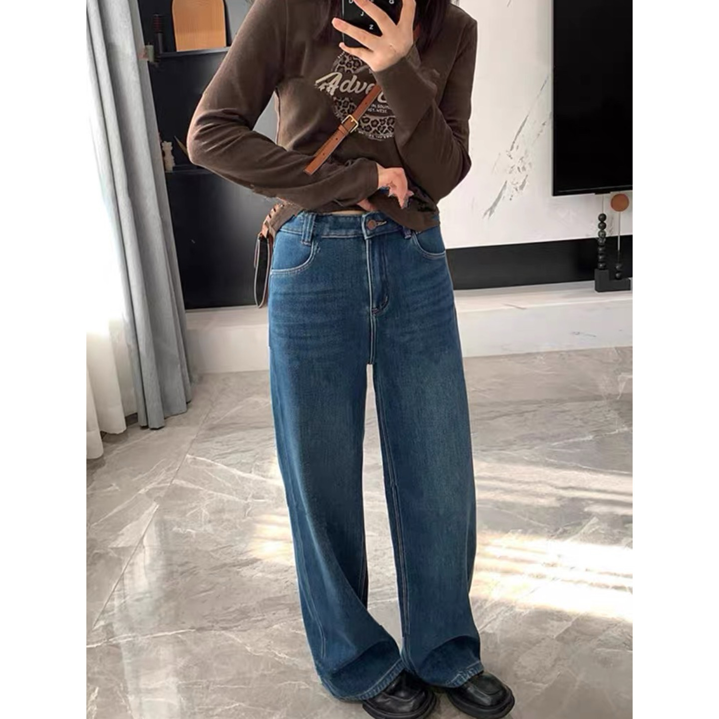 大碗plus定制大码女装肥妹妹复古水洗阔腿秋高腰宽松显瘦遮胯长裤