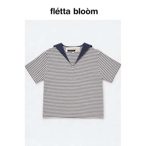 ●fletta bloom viaplain夏季新款韩国休闲条纹撞色海军领短袖T恤