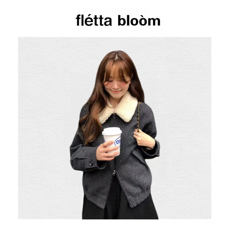 【现货】fletta bloom韩国OUNCE羊羔毛领保暖夹棉夹克毛呢短棉服
