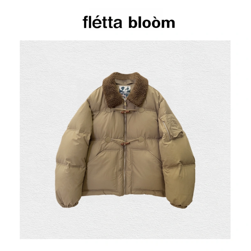 【现货】fletta bloom韩国羽绒服复古休闲可拆卸毛领牛角扣短外套