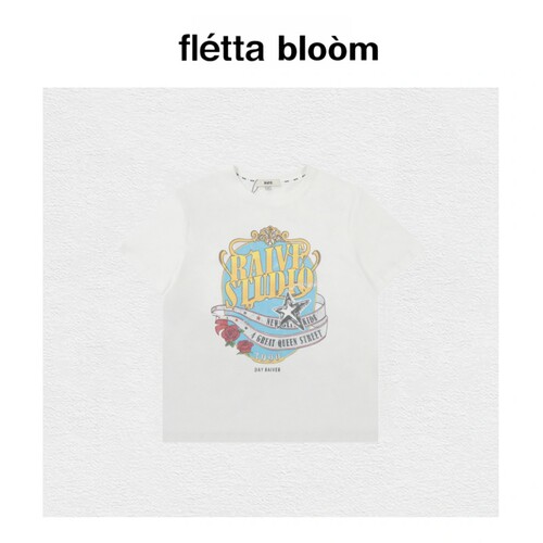 【现货】fletta bloom韩国小众音浪T恤复古玫瑰印花宽松短袖上衣
