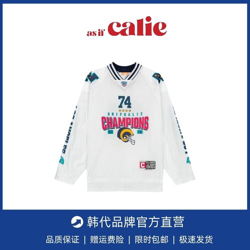 【现货】韩国asifcalie美式复古风长袖球衣女新款宽松字母数字T恤