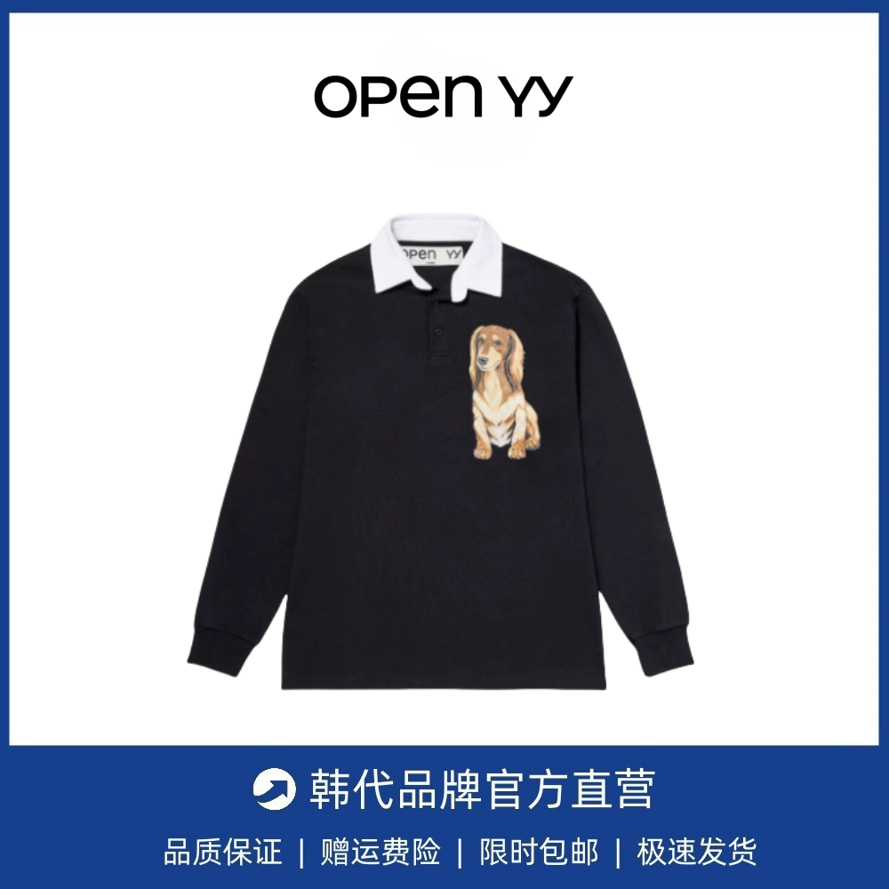 【现货】韩国小众OPEN YY小狗印花长袖直筒宽松polo翻领卫衣上衣