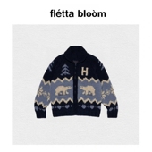 fletta 现货 bloom韩国费尔岛北极熊提花翻领羊毛针织毛衣外套