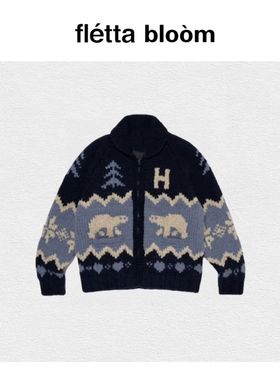 【现货】fletta bloom韩国费尔岛北极熊提花翻领羊毛针织毛衣外套