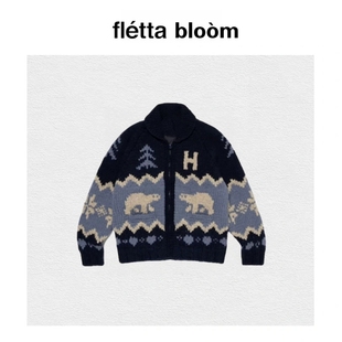 【现货】fletta bloom韩国费尔岛北极熊提花翻领羊毛针织毛衣外套
