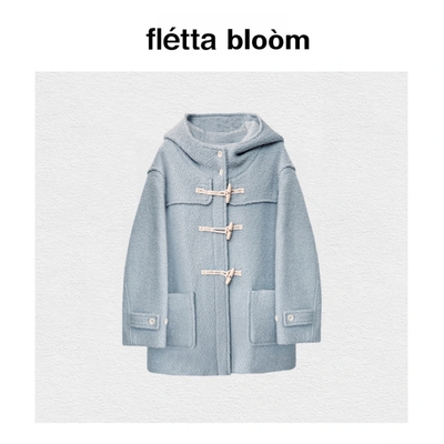 【现货】fletta bloom韩国减龄木质牛角扣连帽中长款羊毛毛呢大衣