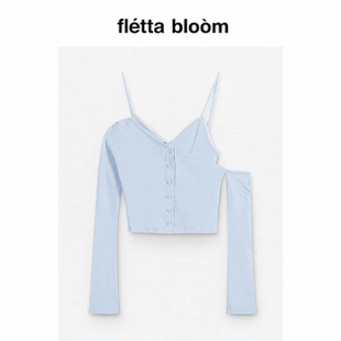 ●fletta bloom韩国Notyourrose斜领露肩长袖开衫T恤吊带两件套女