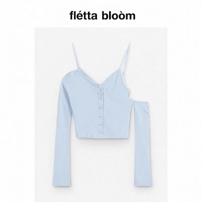 ●fletta bloom韩国Notyourrose斜领露肩长袖开衫T恤吊带两件套女