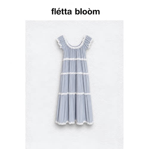 ●fletta bloom freckle法式蕾丝花边蛋糕裙女宽松蓝色长款连衣裙