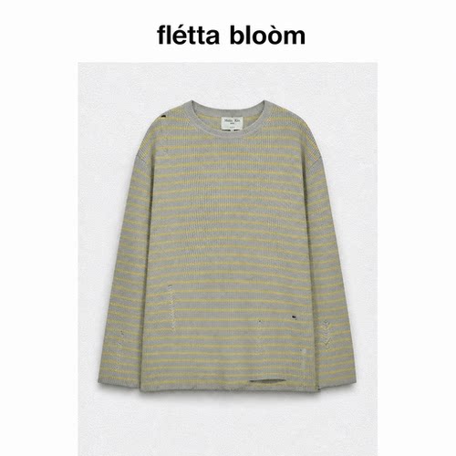 ●fletta bloom韩国小众MatinKim复古条纹圆领长袖破洞针织衫毛衣
