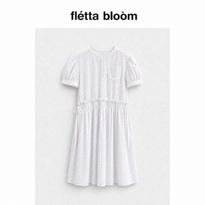 ●fletta bloom白色宽松泡泡袖连衣裙夏季女碎花收腰显瘦A字裙