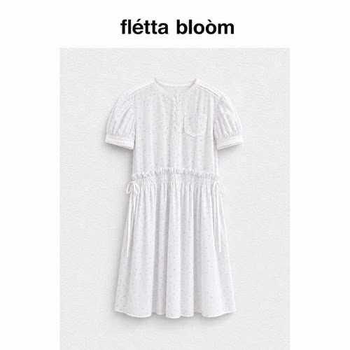 ●fletta bloom白色宽松泡泡袖连衣裙夏季女碎花收腰显瘦A字裙