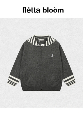 【现货】fletta bloom韩国海军领灰色毛衣撞色rr条纹针织开衫外套
