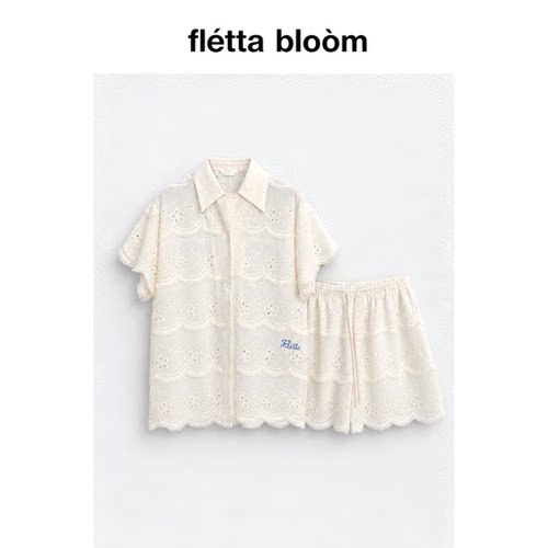 ●fletta bloom白色刺绣镂空套装女夏度假风单排扣衬衫短裤两件套