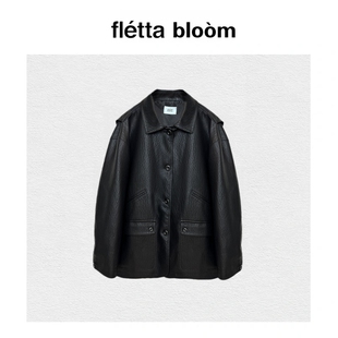 bloom韩国复古休闲宽松翻领单排扣皮衣夹克外套女 fletta 现货