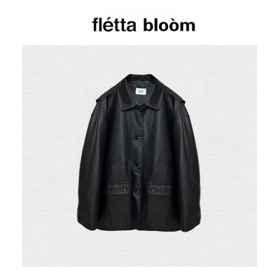 【现货】fletta bloom韩国复古休闲宽松翻领单排扣皮衣夹克外套女